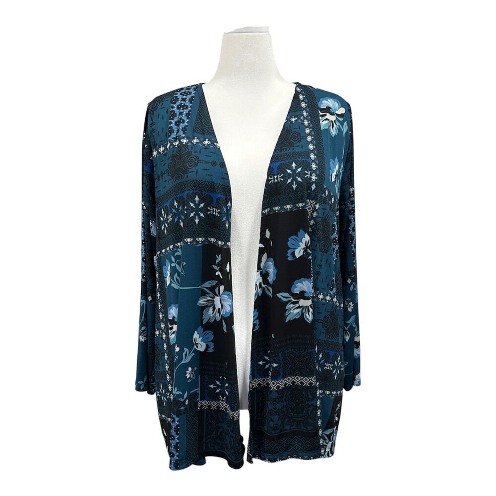 Catherines Open Front Boho Floral Print Cardigan Sz 1X Blue